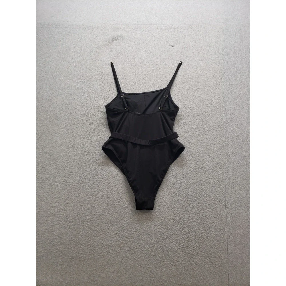 H&M Women Swimsuit S Black Belted Waist Gold Buckle Square Neck Summer Beach